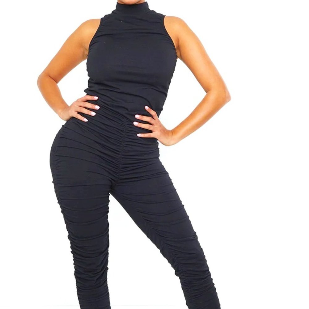 SHAPE BLACK COTTON SLEEVELESS  RUCHED LEG JUMPSUIT